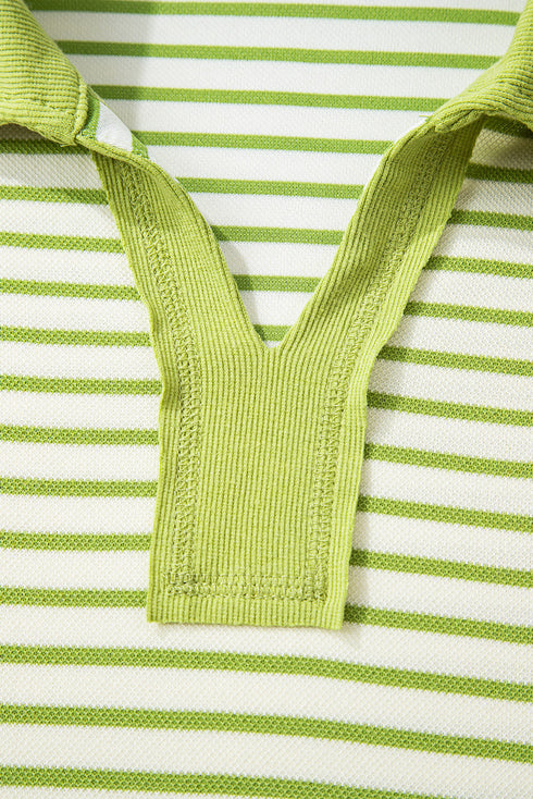 Striped Collared V Neck Pullover Skort Two Piece Dress