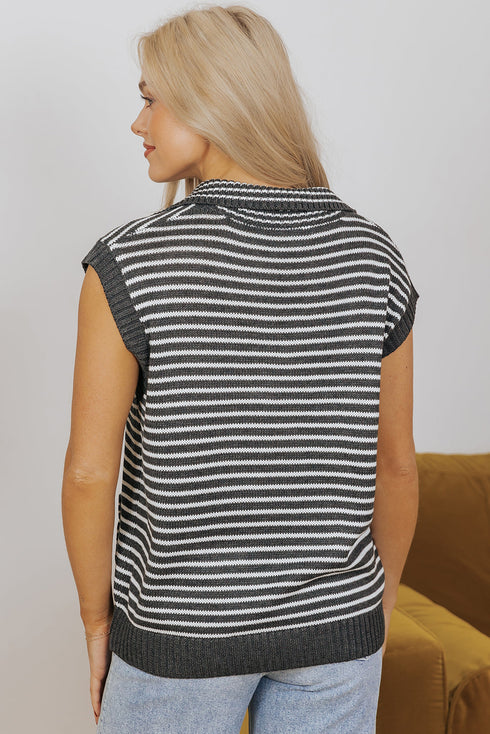 Striped Collared V Neck Sleeveless Knit Sweater