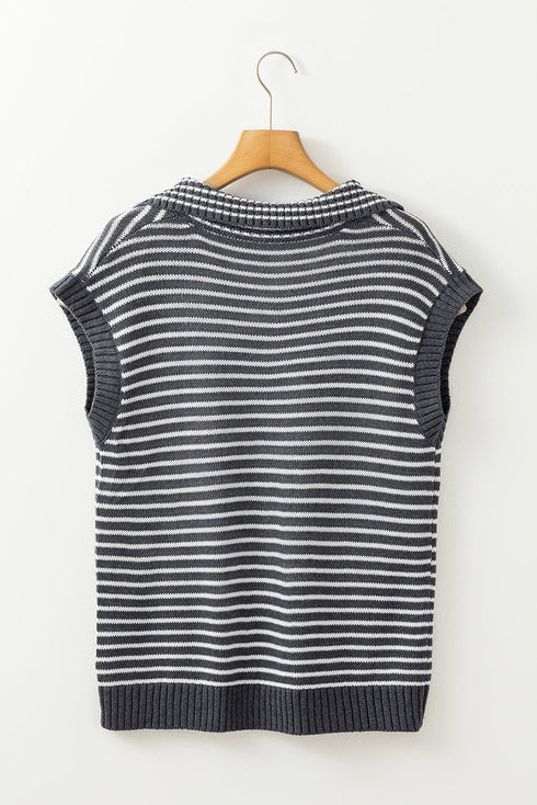 Striped Collared V Neck Sleeveless Knit Sweater