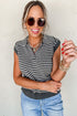 Striped Collared V Neck Sleeveless Knit Sweater