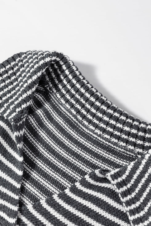 Striped Collared V Neck Sleeveless Knit Sweater