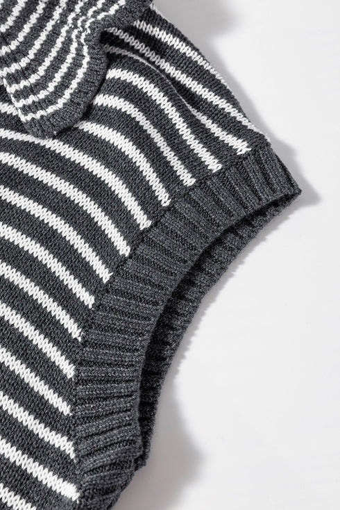Striped Collared V Neck Sleeveless Knit Sweater