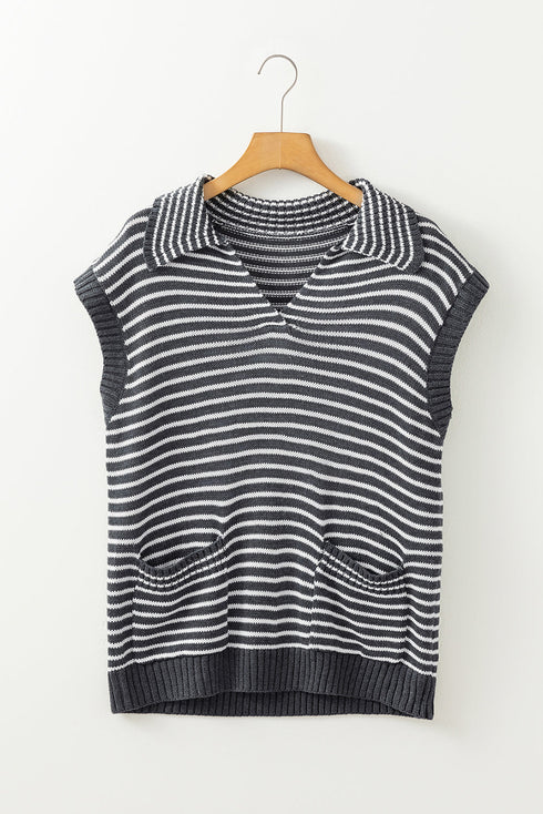 Striped Collared V Neck Sleeveless Knit Sweater