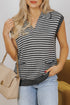 Striped Collared V Neck Sleeveless Knit Sweater