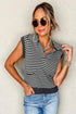Striped Collared V Neck Sleeveless Knit Sweater