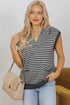Striped Collared V Neck Sleeveless Knit Sweater