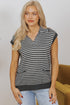 Striped Collared V Neck Sleeveless Knit Sweater