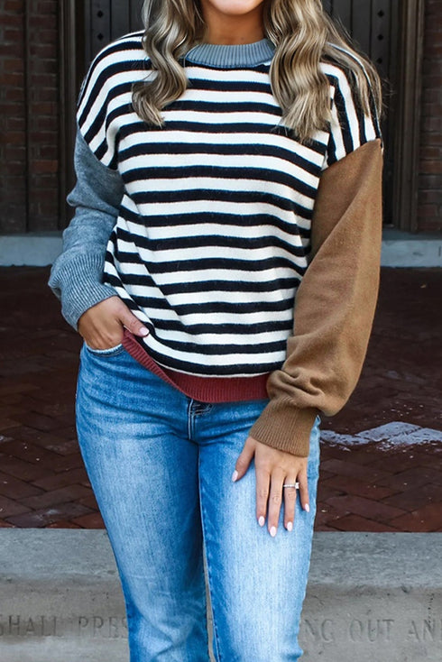 Striped Color Block Contrast Sleeve Knit Sweater