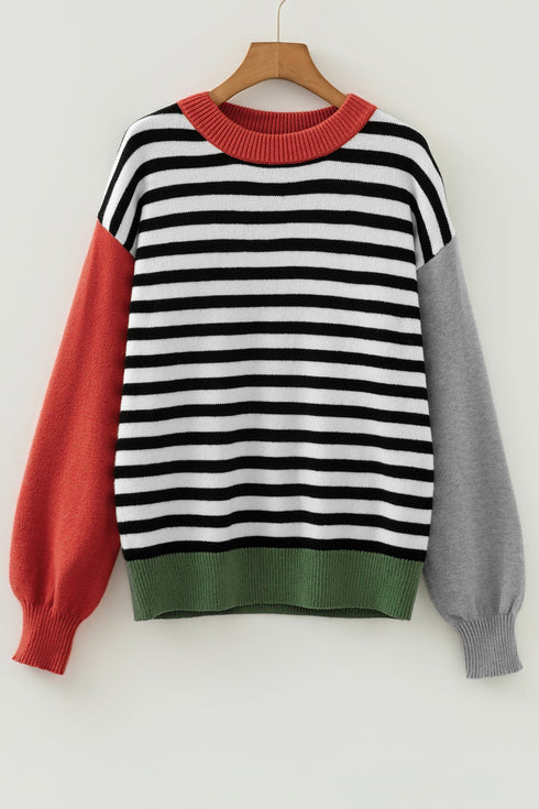 Striped Color Block Contrast Sleeve Knit Sweater