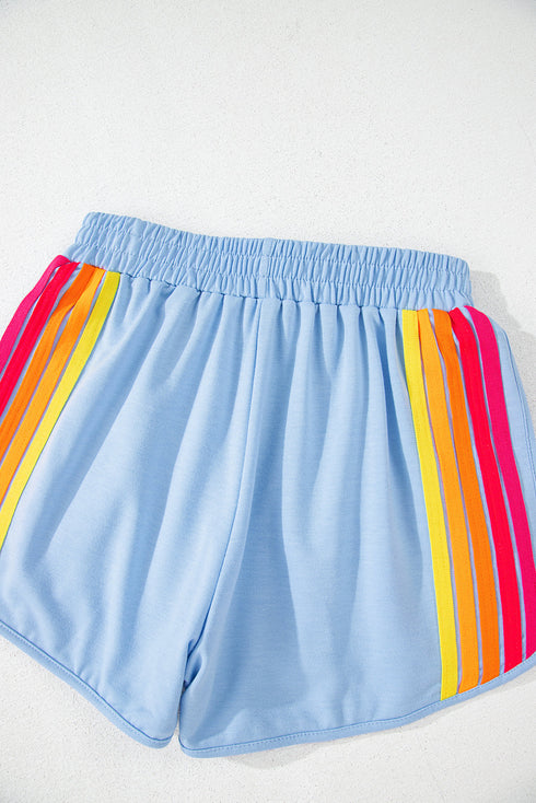 Striped Color Block Elastic High Waist Casual Shorts