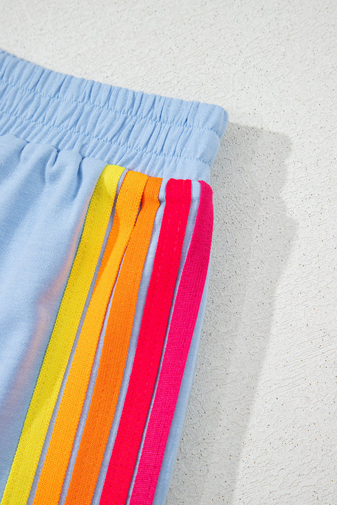 Striped Color Block Elastic High Waist Casual Shorts