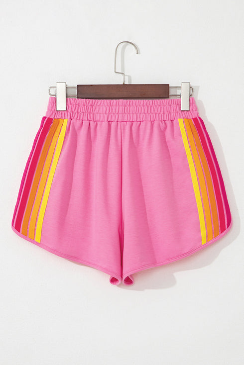 Striped Color Block Elastic High Waist Casual Shorts