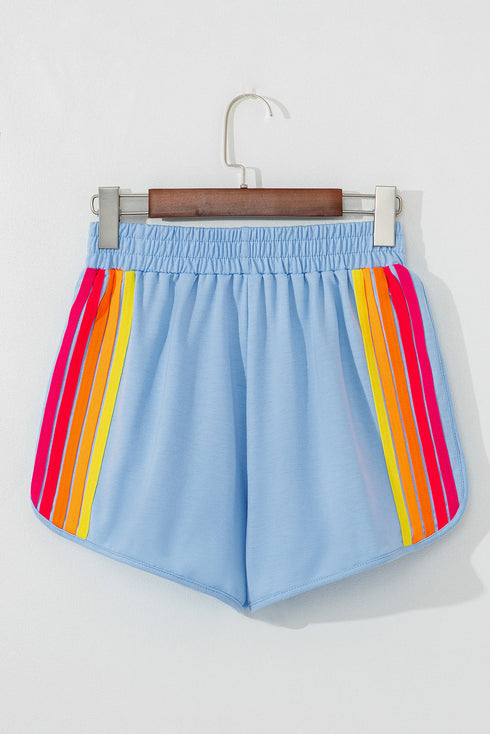 Striped Color Block Elastic High Waist Casual Shorts