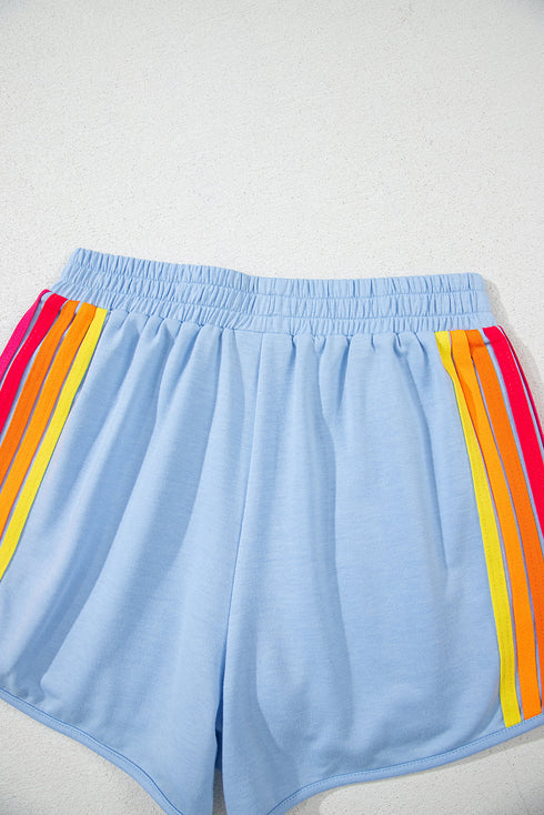 Striped Color Block Elastic High Waist Casual Shorts