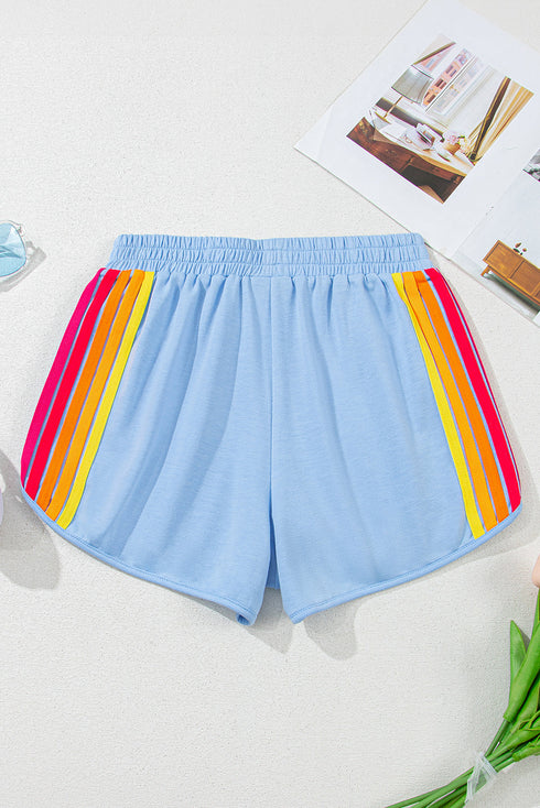 Striped Color Block Elastic High Waist Casual Shorts