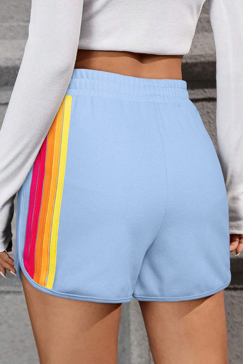 Striped Color Block Elastic High Waist Casual Shorts