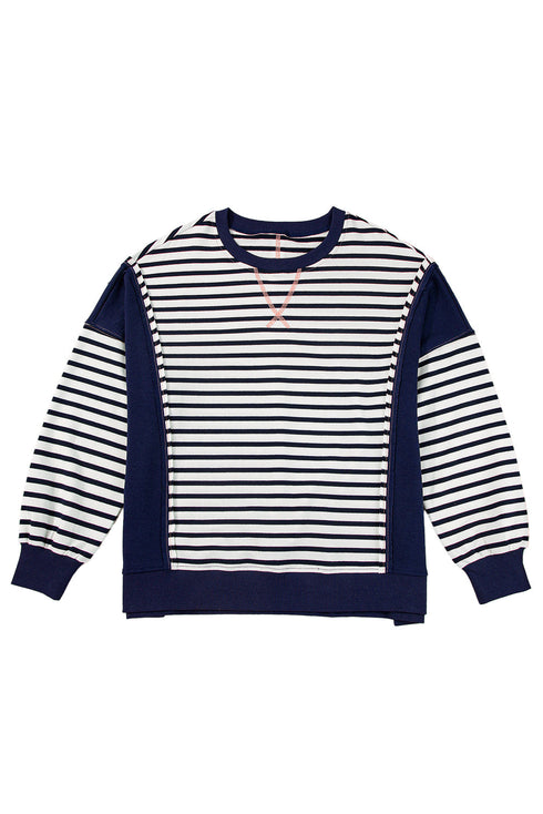 Striped Color Block Exposed Seam Pullover Sweatshirt