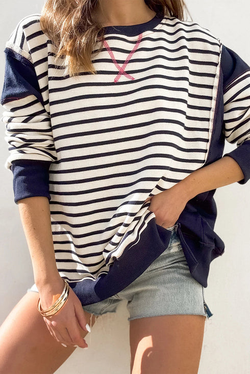 Striped Color Block Exposed Seam Pullover Sweatshirt