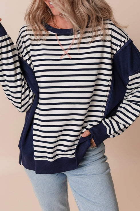 Striped Color Block Exposed Seam Pullover Sweatshirt