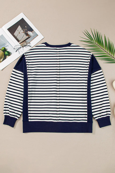 Striped Color Block Exposed Seam Pullover Sweatshirt