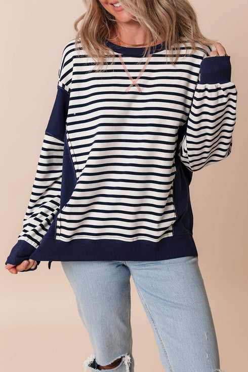 Striped Color Block Exposed Seam Pullover Sweatshirt