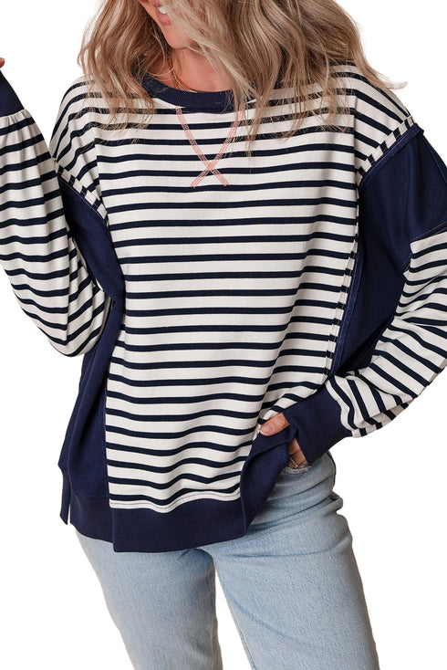 Striped Color Block Exposed Seam Pullover Sweatshirt