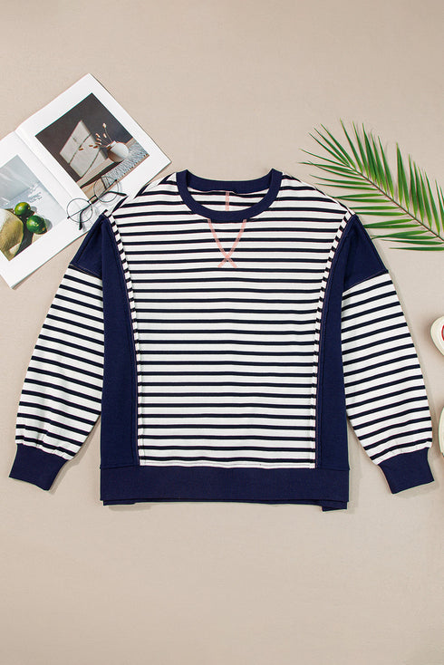 Striped Color Block Exposed Seam Pullover Sweatshirt