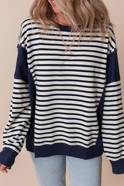 Striped Color Block Exposed Seam Pullover Sweatshirt