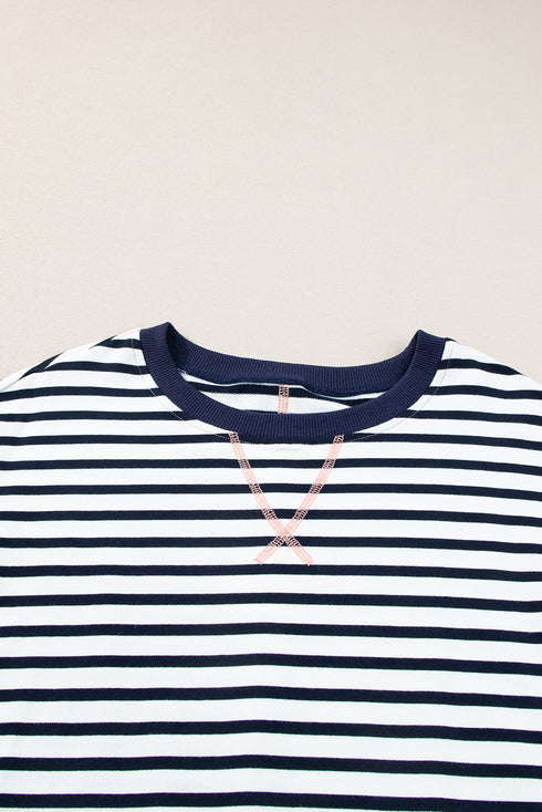 Striped Color Block Exposed Seam Pullover Sweatshirt
