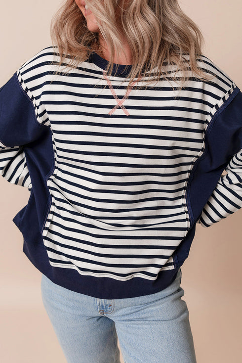 Striped Color Block Exposed Seam Pullover Sweatshirt