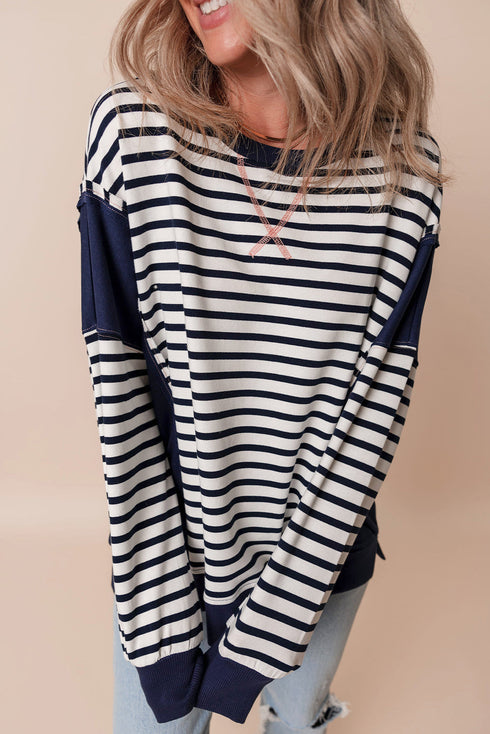 Striped Color Block Exposed Seam Pullover Sweatshirt