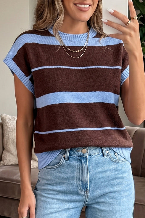 Striped Color Block Sleeveless Round Neck Sweater Vest