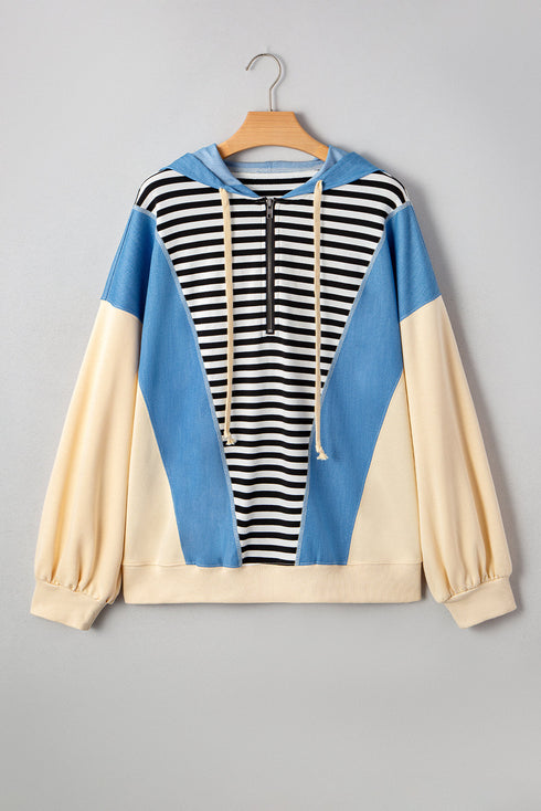 Striped Colorblock Half Zip Casual Pullover Hoodie