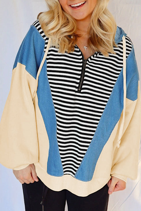 Striped Colorblock Half Zip Casual Pullover Hoodie