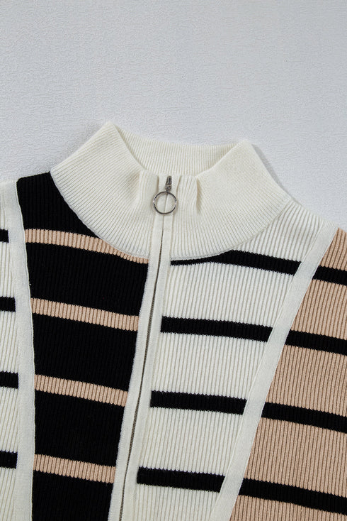 Striped Colorblock Half Zip Short Sleeve Knit Sweater