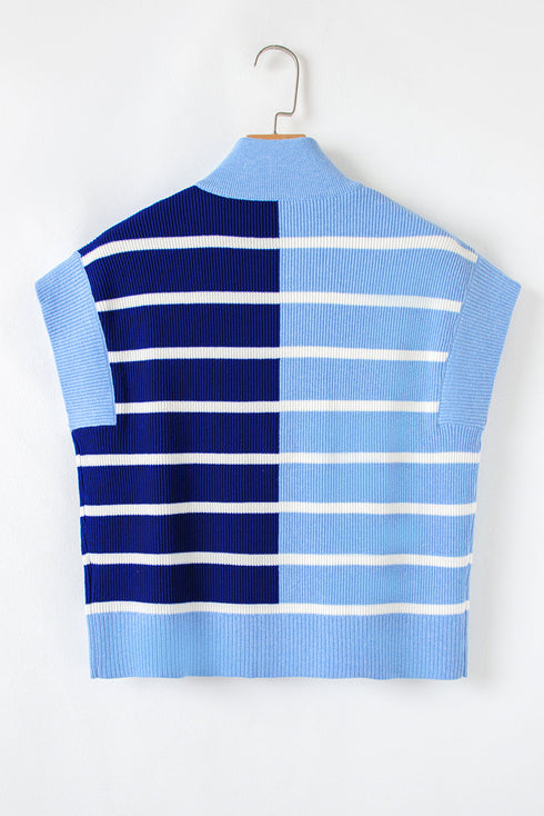 Striped Colorblock Half Zip Short Sleeve Knit Sweater