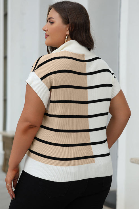 Striped Colorblock Half Zip Short Sleeve Knit Sweater