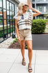 Striped Colorblock Half Zip Short Sleeve Knit Sweater