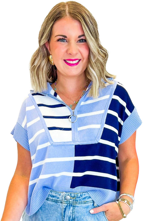 Striped Colorblock Half Zip Short Sleeve Knit Sweater