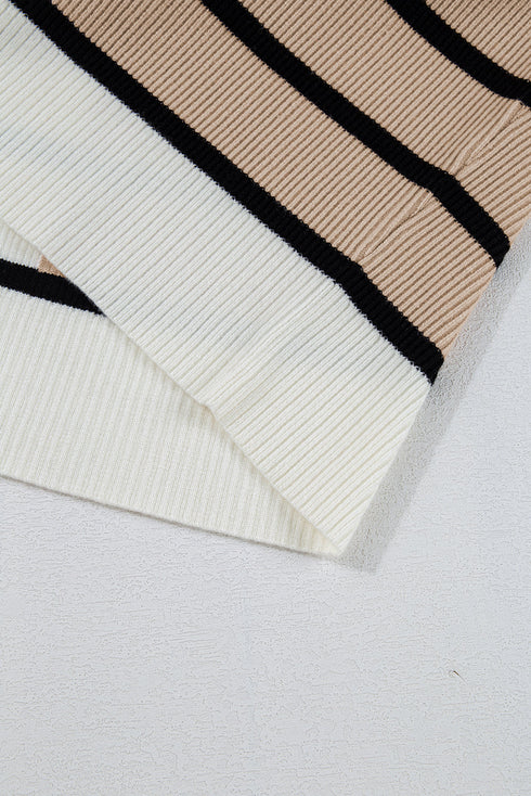 Striped Colorblock Half Zip Short Sleeve Knit Sweater