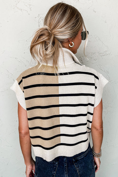 Striped Colorblock Half Zip Short Sleeve Knit Sweater
