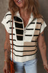 Striped Colorblock Half Zip Short Sleeve Knit Sweater