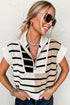 Striped Colorblock Half Zip Short Sleeve Knit Sweater