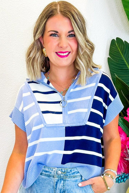 Striped Colorblock Half Zip Short Sleeve Knit Sweater