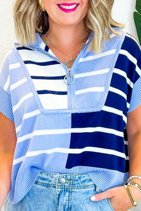 Striped Colorblock Half Zip Short Sleeve Knit Sweater