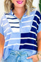 Striped Colorblock Half Zip Short Sleeve Knit Sweater