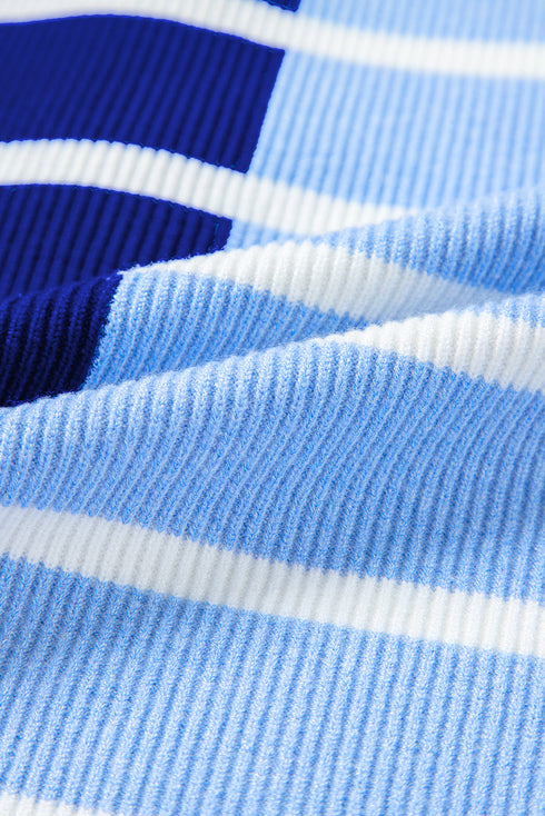 Striped Colorblock Half Zip Short Sleeve Knit Sweater