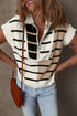 Striped Colorblock Half Zip Short Sleeve Knit Sweater
