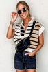 Striped Colorblock Half Zip Short Sleeve Knit Sweater