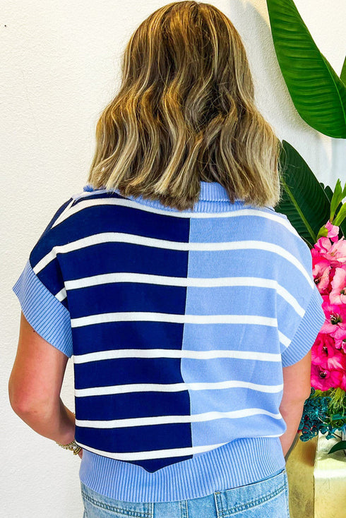 Striped Colorblock Half Zip Short Sleeve Knit Sweater